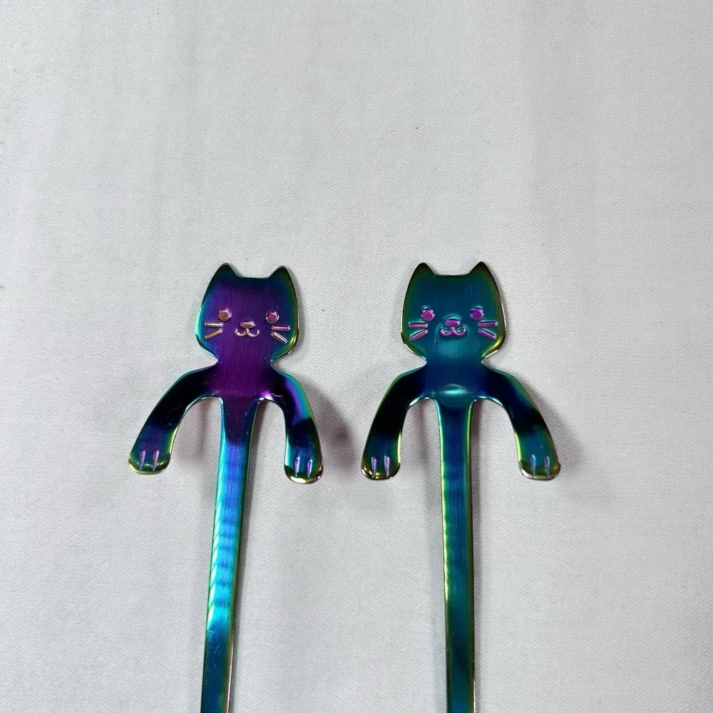 Stainless Steel Coffee Spoon Purple Blue Lovely Cute Cat Shape Teaspoon Dessert